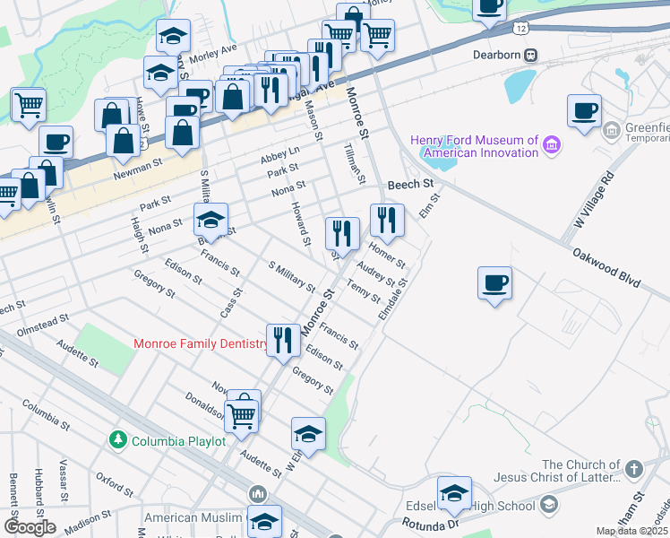map of restaurants, bars, coffee shops, grocery stores, and more near 1751 Monroe Street in Dearborn