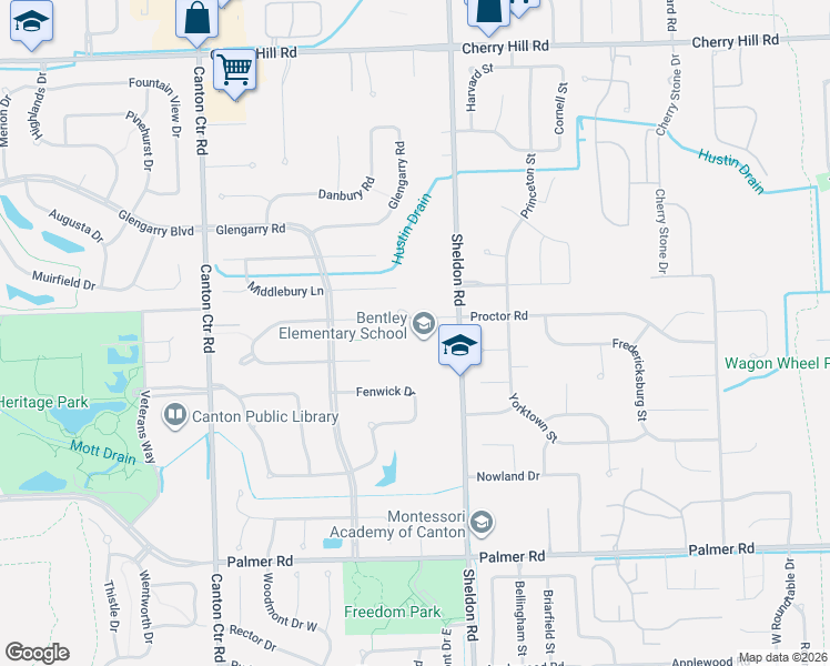map of restaurants, bars, coffee shops, grocery stores, and more near 1100 Sheldon Road in Canton
