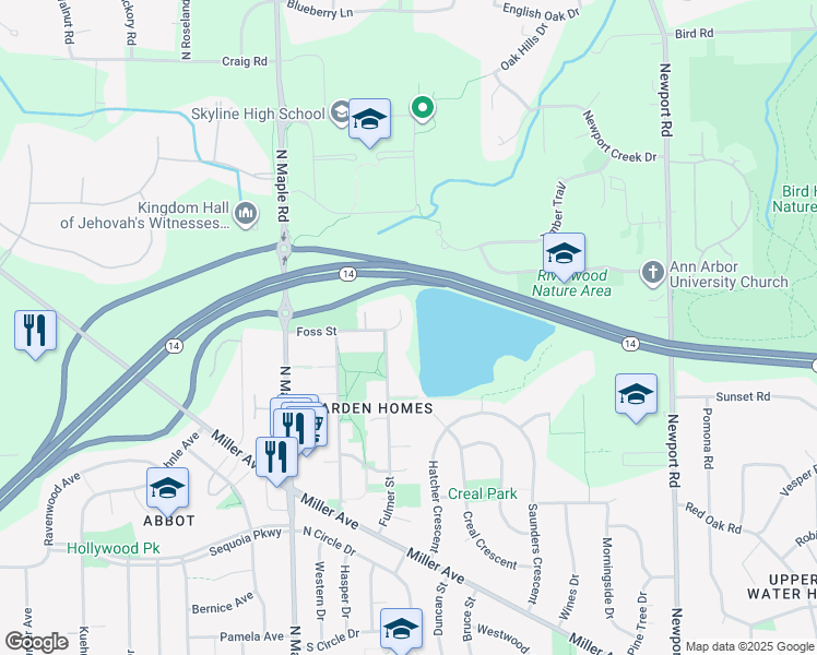 map of restaurants, bars, coffee shops, grocery stores, and more near 2115 Foss Court in Ann Arbor