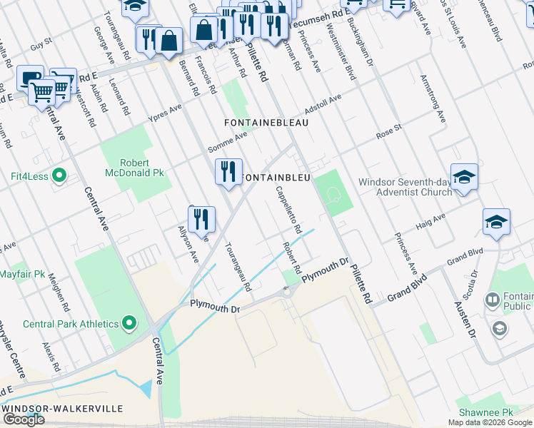 map of restaurants, bars, coffee shops, grocery stores, and more near in Windsor