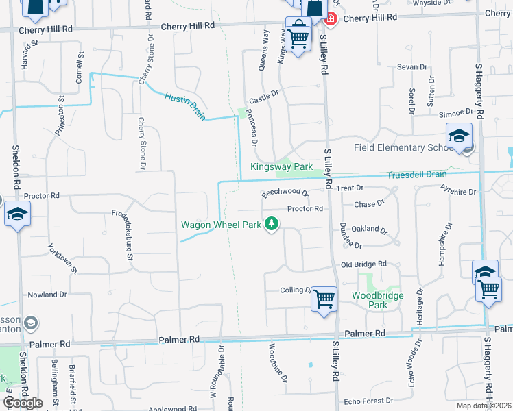 map of restaurants, bars, coffee shops, grocery stores, and more near 42565 Beechwood Drive in Canton