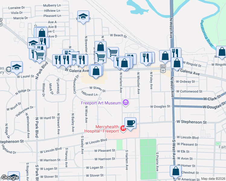 map of restaurants, bars, coffee shops, grocery stores, and more near 1152 West Staver Street in Freeport