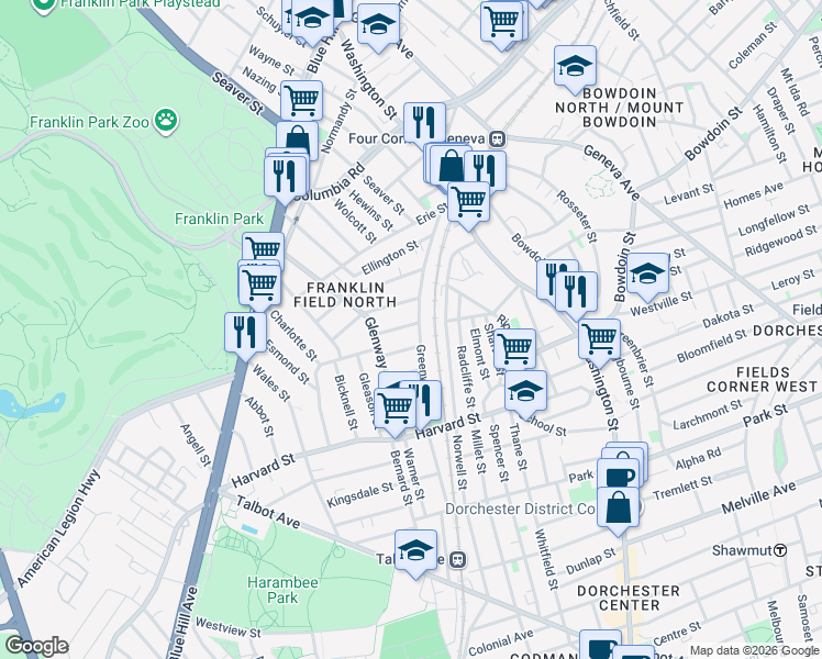 map of restaurants, bars, coffee shops, grocery stores, and more near 32 Harlem Street in Boston