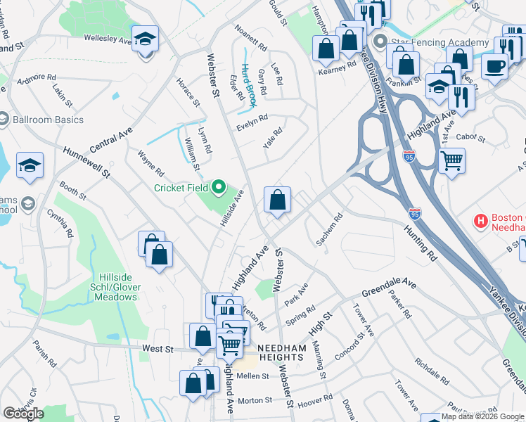 map of restaurants, bars, coffee shops, grocery stores, and more near 216 Webster Street in Needham
