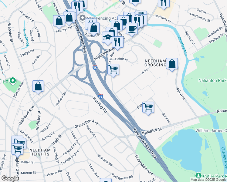 map of restaurants, bars, coffee shops, grocery stores, and more near 250 1st Avenue in Needham
