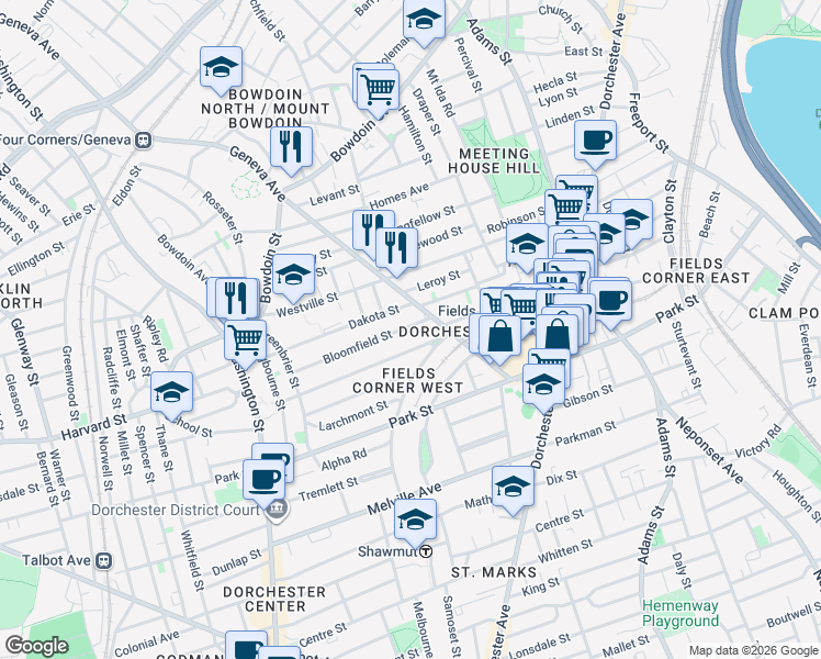 map of restaurants, bars, coffee shops, grocery stores, and more near 129-131 Dakota Street in Boston