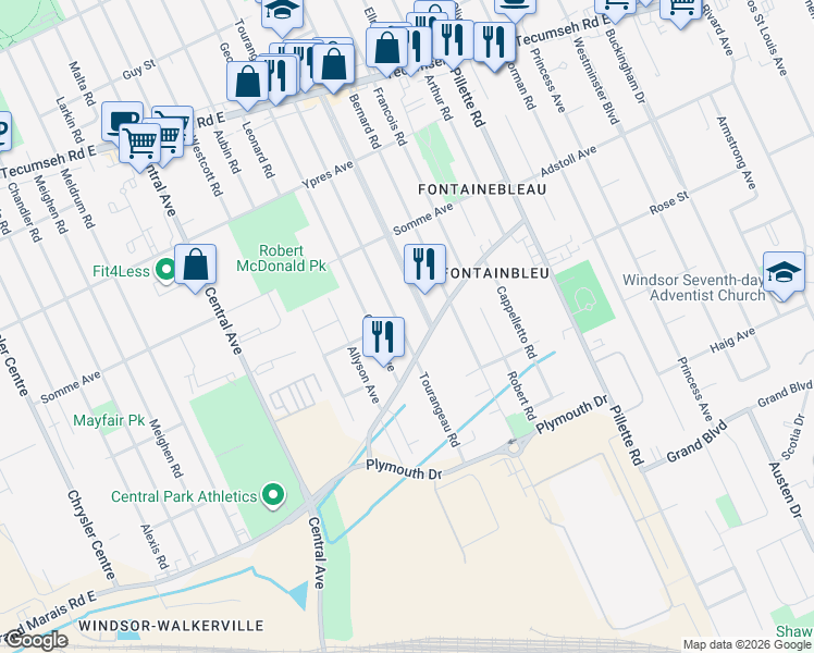 map of restaurants, bars, coffee shops, grocery stores, and more near 2593 Rossini Boulevard in Windsor
