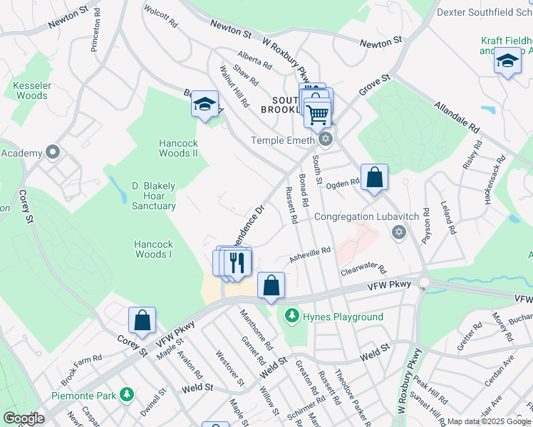 map of restaurants, bars, coffee shops, grocery stores, and more near None in Brookline