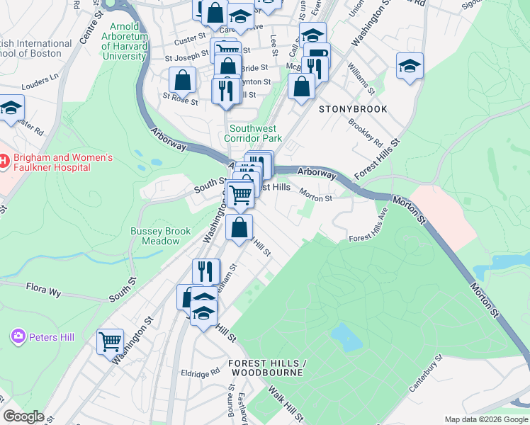 map of restaurants, bars, coffee shops, grocery stores, and more near 26 Tower Street in Boston