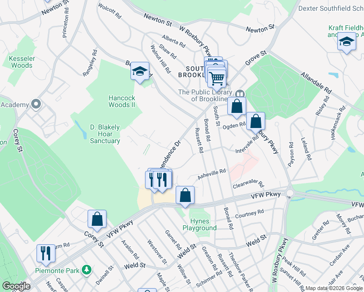 map of restaurants, bars, coffee shops, grocery stores, and more near in Brookline