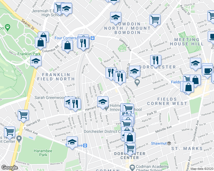 map of restaurants, bars, coffee shops, grocery stores, and more near 317 Washington Street in Boston