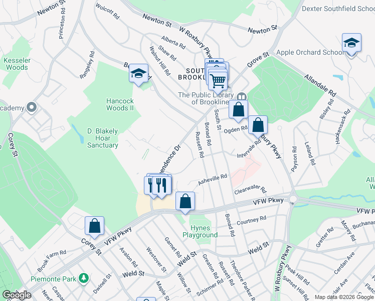 map of restaurants, bars, coffee shops, grocery stores, and more near 358 Russett Road in Brookline