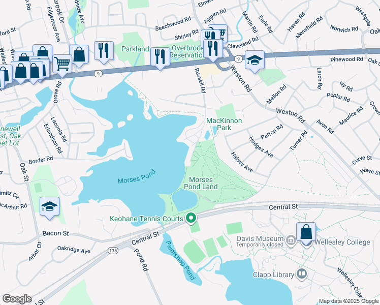 map of restaurants, bars, coffee shops, grocery stores, and more near 1 Beach Road in Wellesley
