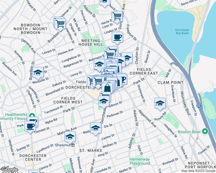 map of restaurants, bars, coffee shops, grocery stores, and more near 9 Faulkner Street in Boston