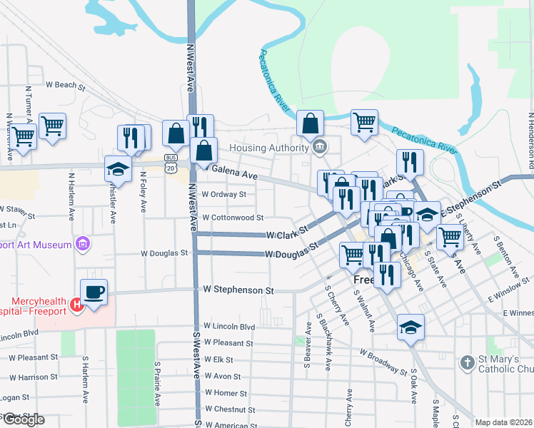 map of restaurants, bars, coffee shops, grocery stores, and more near 421 North Nursery Avenue in Freeport