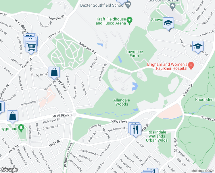 map of restaurants, bars, coffee shops, grocery stores, and more near 14 Hackensack Court in Boston