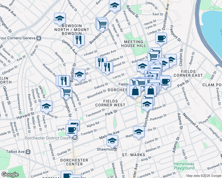 map of restaurants, bars, coffee shops, grocery stores, and more near 129-131 Dakota Street in Boston