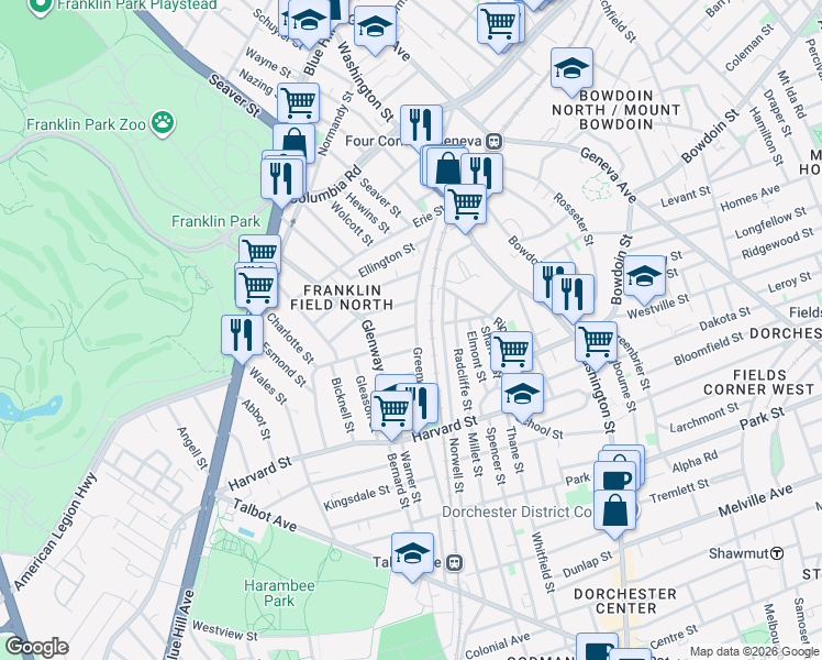 map of restaurants, bars, coffee shops, grocery stores, and more near 32 Harlem Street in Boston