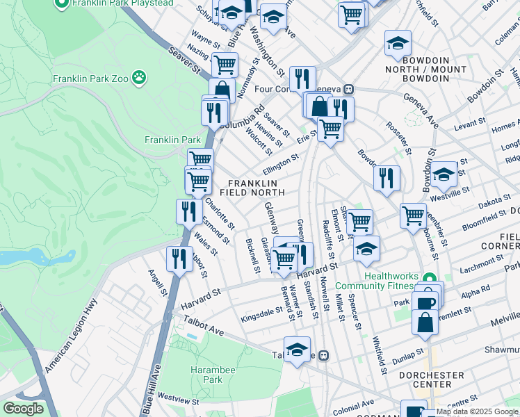 map of restaurants, bars, coffee shops, grocery stores, and more near 2 Harlem Street in Boston