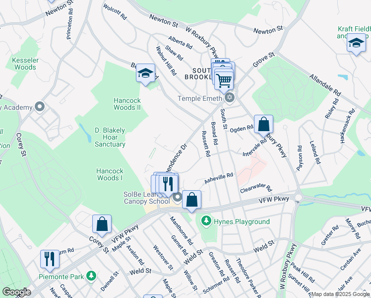 map of restaurants, bars, coffee shops, grocery stores, and more near in Brookline