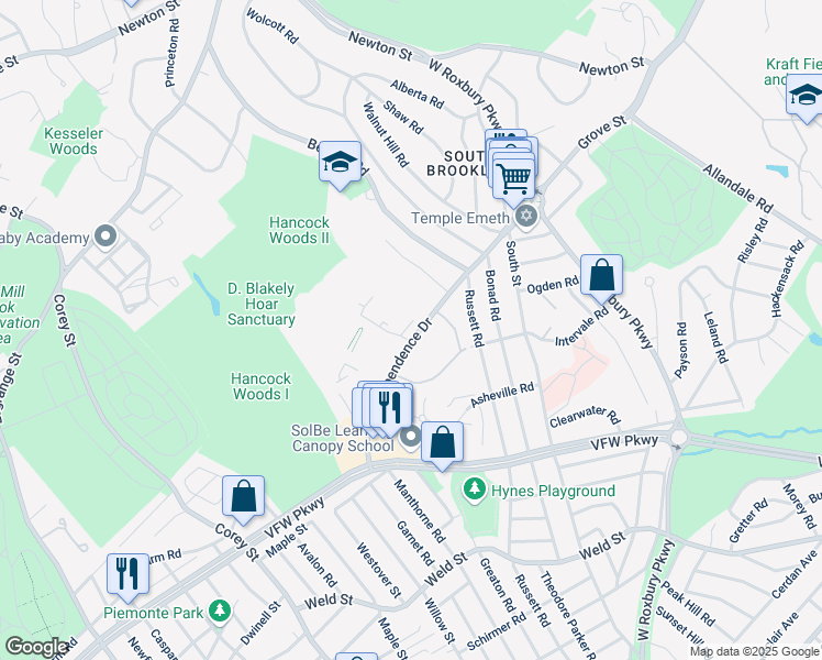 map of restaurants, bars, coffee shops, grocery stores, and more near in Brookline
