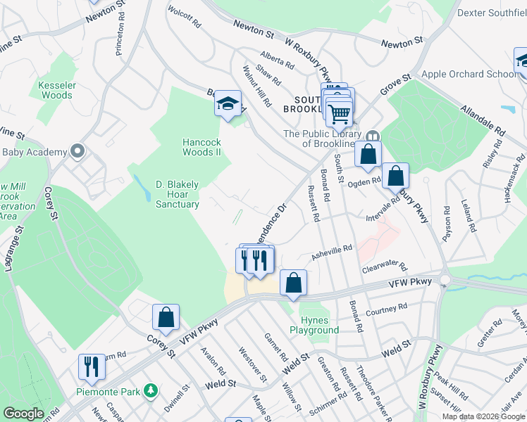 map of restaurants, bars, coffee shops, grocery stores, and more near 54 Gerry Road in Brookline