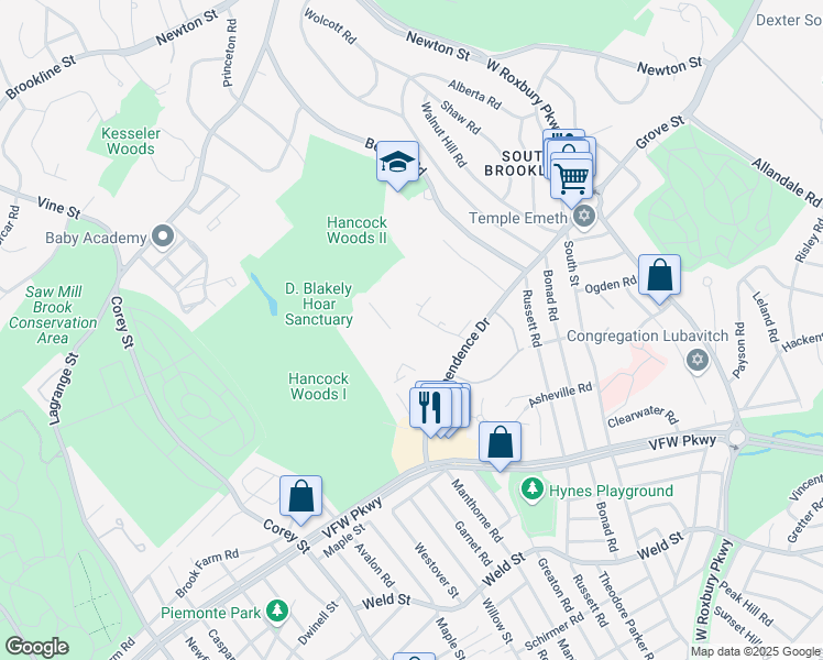 map of restaurants, bars, coffee shops, grocery stores, and more near 53 Gerry Road in Brookline