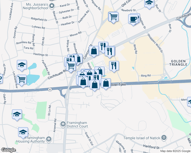 map of restaurants, bars, coffee shops, grocery stores, and more near 45 Walsh Street in Framingham