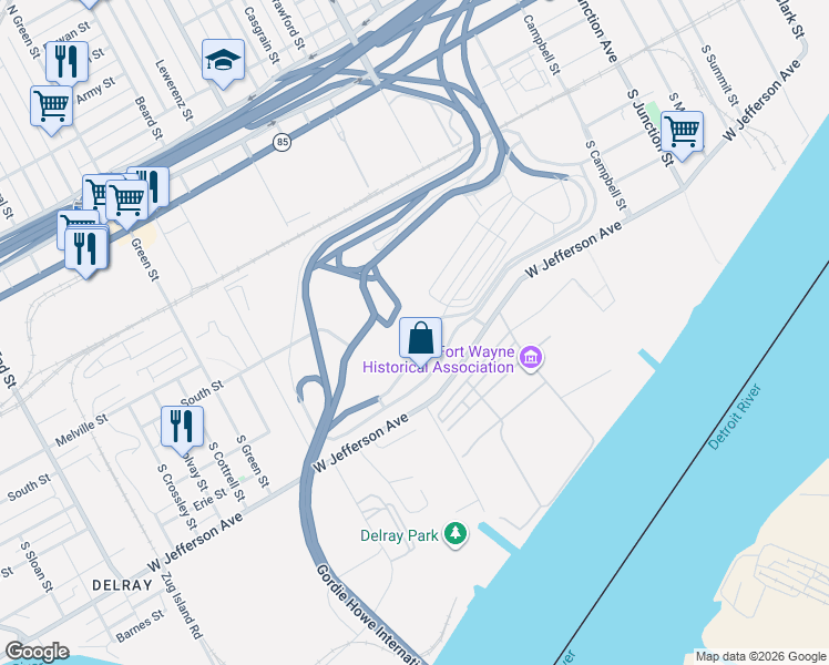 map of restaurants, bars, coffee shops, grocery stores, and more near 632 South Crawford Street in Detroit