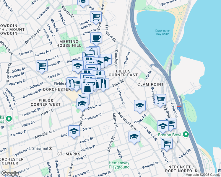 map of restaurants, bars, coffee shops, grocery stores, and more near 77 Park Street in Boston