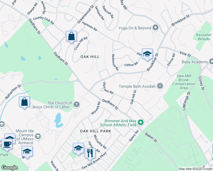map of restaurants, bars, coffee shops, grocery stores, and more near 20 Old Farm Road in Newton