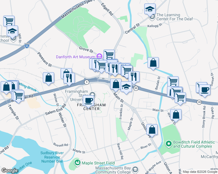 map of restaurants, bars, coffee shops, grocery stores, and more near 5 Main Street in Framingham