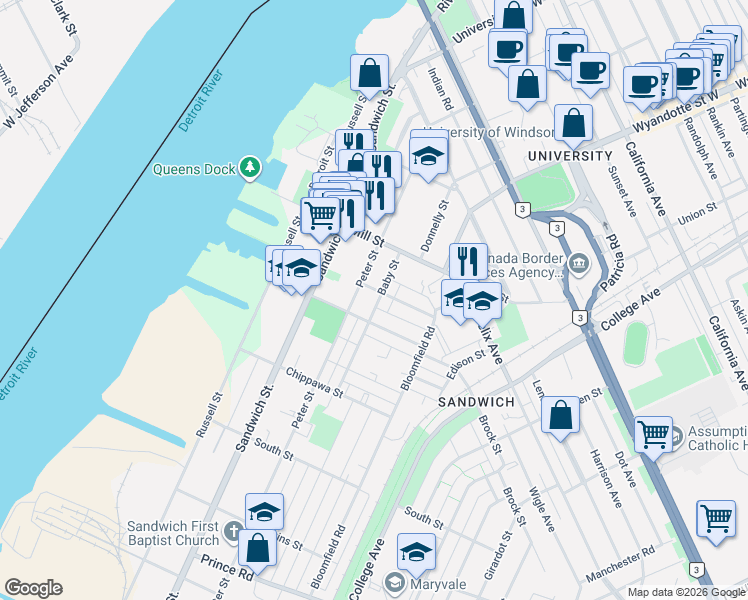 map of restaurants, bars, coffee shops, grocery stores, and more near 3272 Baby Street in Windsor