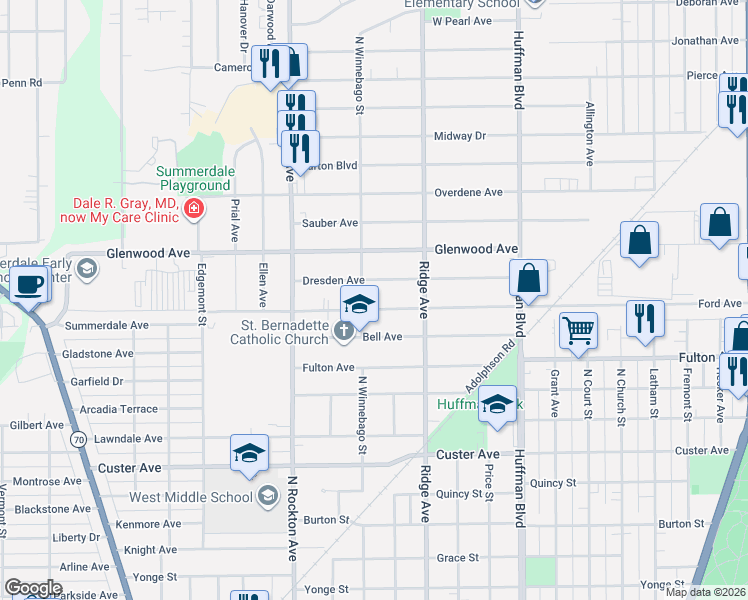 map of restaurants, bars, coffee shops, grocery stores, and more near 2204 Dresden Avenue in Rockford