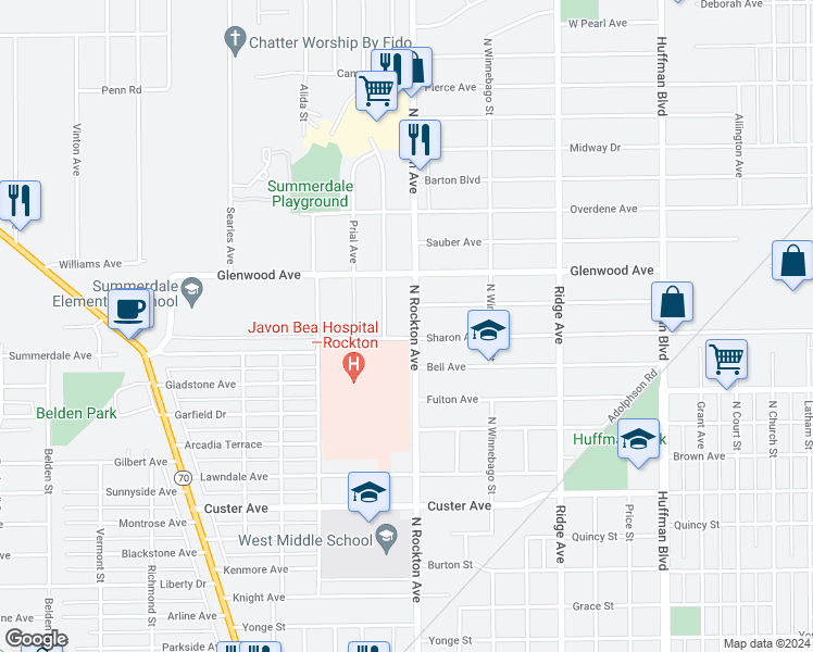 map of restaurants, bars, coffee shops, grocery stores, and more near 2518 North Rockton Avenue in Rockford