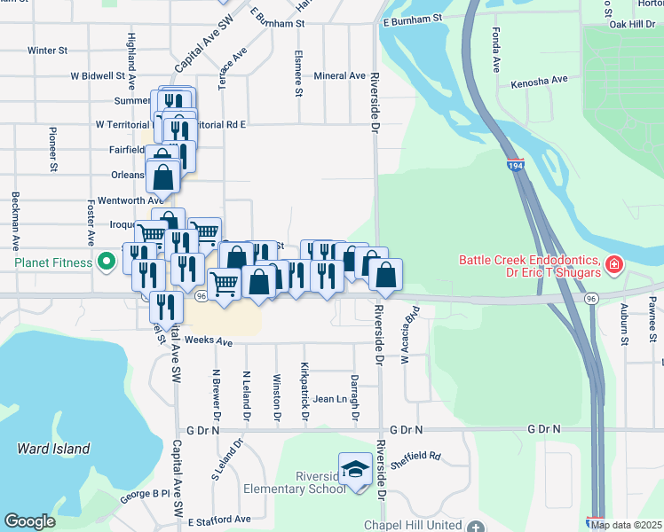 map of restaurants, bars, coffee shops, grocery stores, and more near 87 Griffin Court in Battle Creek