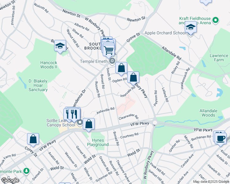 map of restaurants, bars, coffee shops, grocery stores, and more near 6 Intervale Road in Brookline
