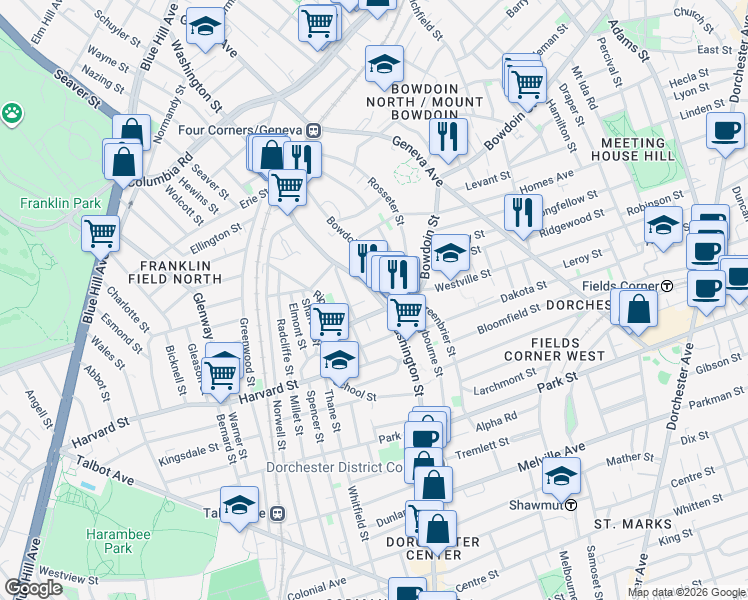 map of restaurants, bars, coffee shops, grocery stores, and more near 331 Washington Street in Boston