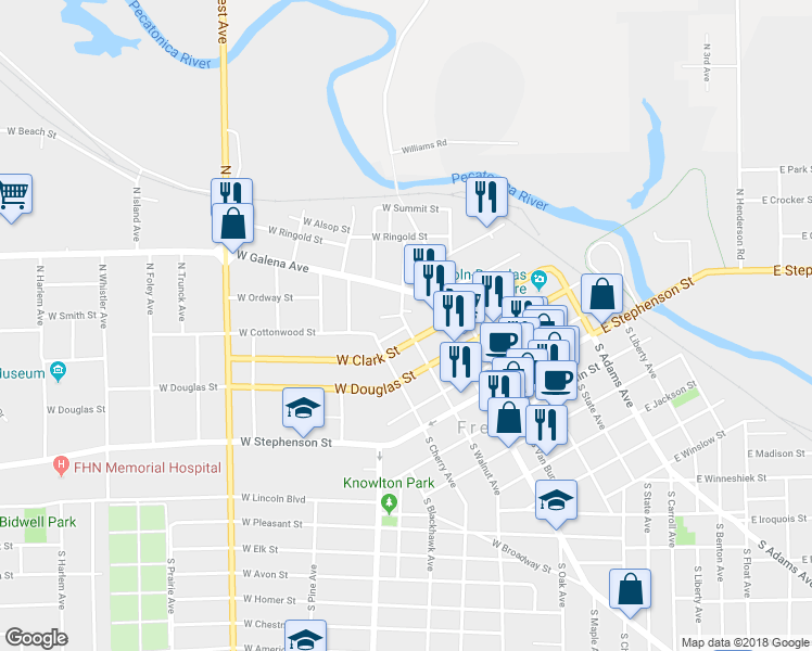 map of restaurants, bars, coffee shops, grocery stores, and more near 320 North Walnut Avenue in Freeport