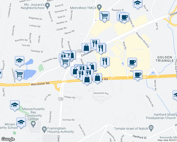 map of restaurants, bars, coffee shops, grocery stores, and more near 80 Richwood Street in Framingham