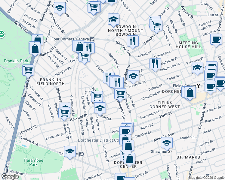 map of restaurants, bars, coffee shops, grocery stores, and more near 330-332A Washington Street in Boston