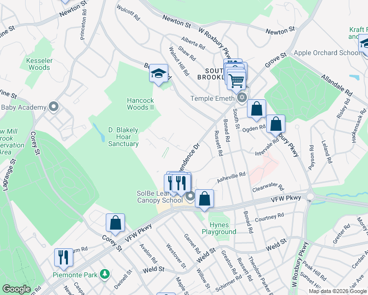 map of restaurants, bars, coffee shops, grocery stores, and more near 54 Gerry Road in Brookline