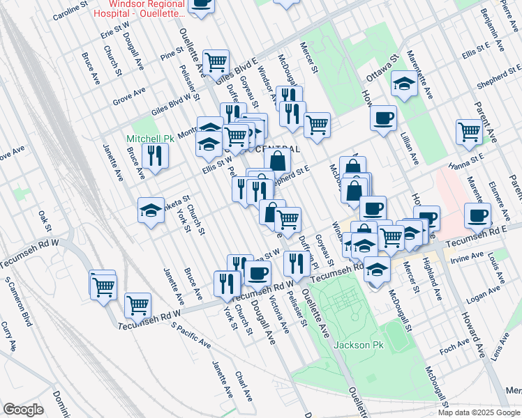map of restaurants, bars, coffee shops, grocery stores, and more near 1515 British Columbia 3B in Windsor