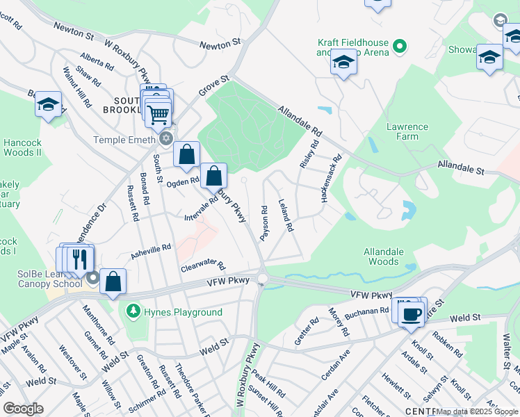 map of restaurants, bars, coffee shops, grocery stores, and more near 31 Baker Circle in Brookline