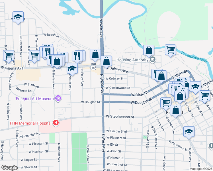 map of restaurants, bars, coffee shops, grocery stores, and more near 729 West Ordway Street in Freeport