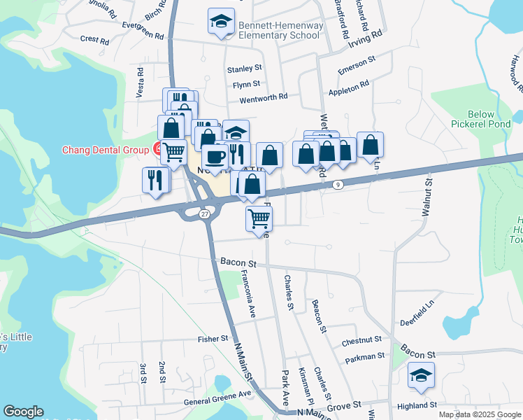 map of restaurants, bars, coffee shops, grocery stores, and more near 780 Worcester Street in Natick