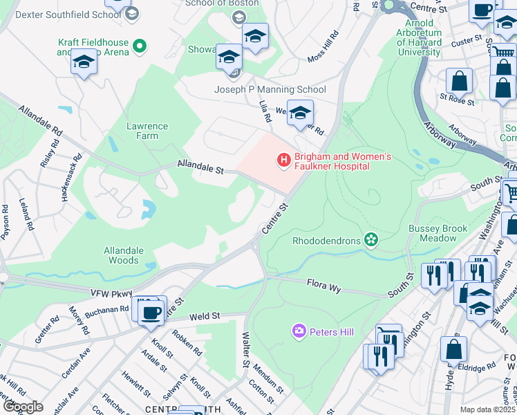 map of restaurants, bars, coffee shops, grocery stores, and more near 12 Brownson Terrace in Boston