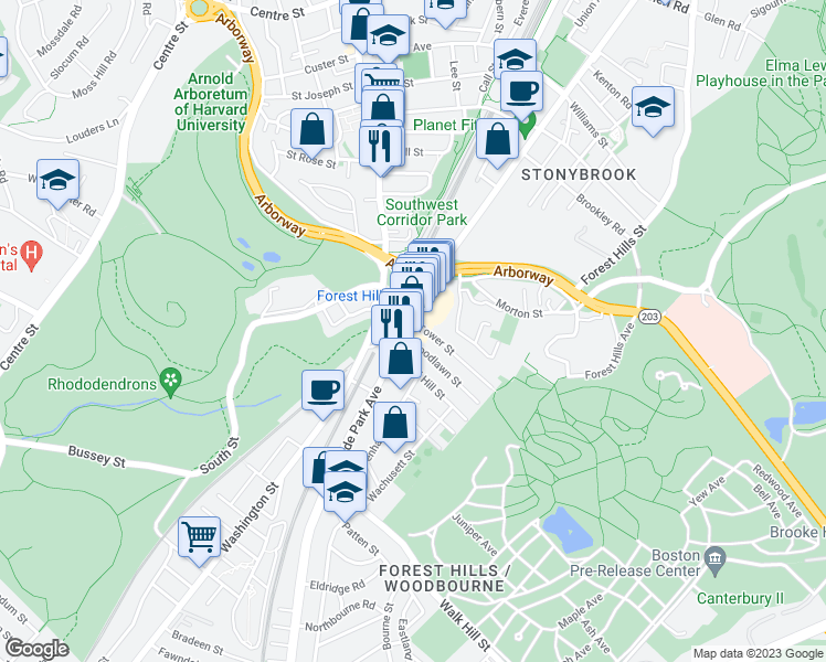 map of restaurants, bars, coffee shops, grocery stores, and more near 6 Hyde Park Avenue in Boston