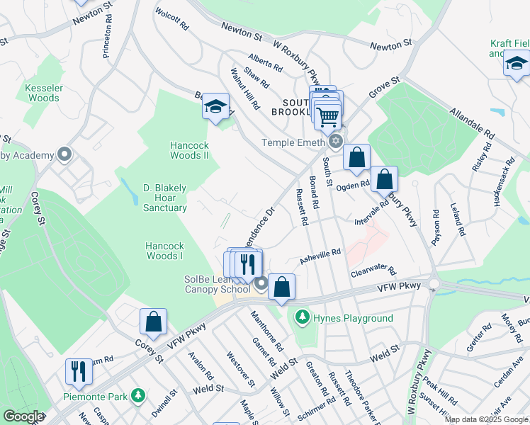 map of restaurants, bars, coffee shops, grocery stores, and more near 105 Independence Drive in Brookline