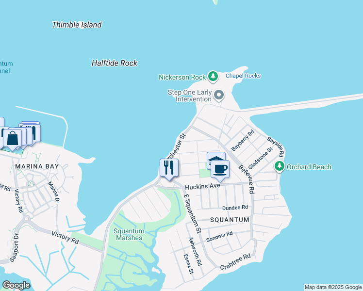 map of restaurants, bars, coffee shops, grocery stores, and more near 87 Dorchester Street in Quincy